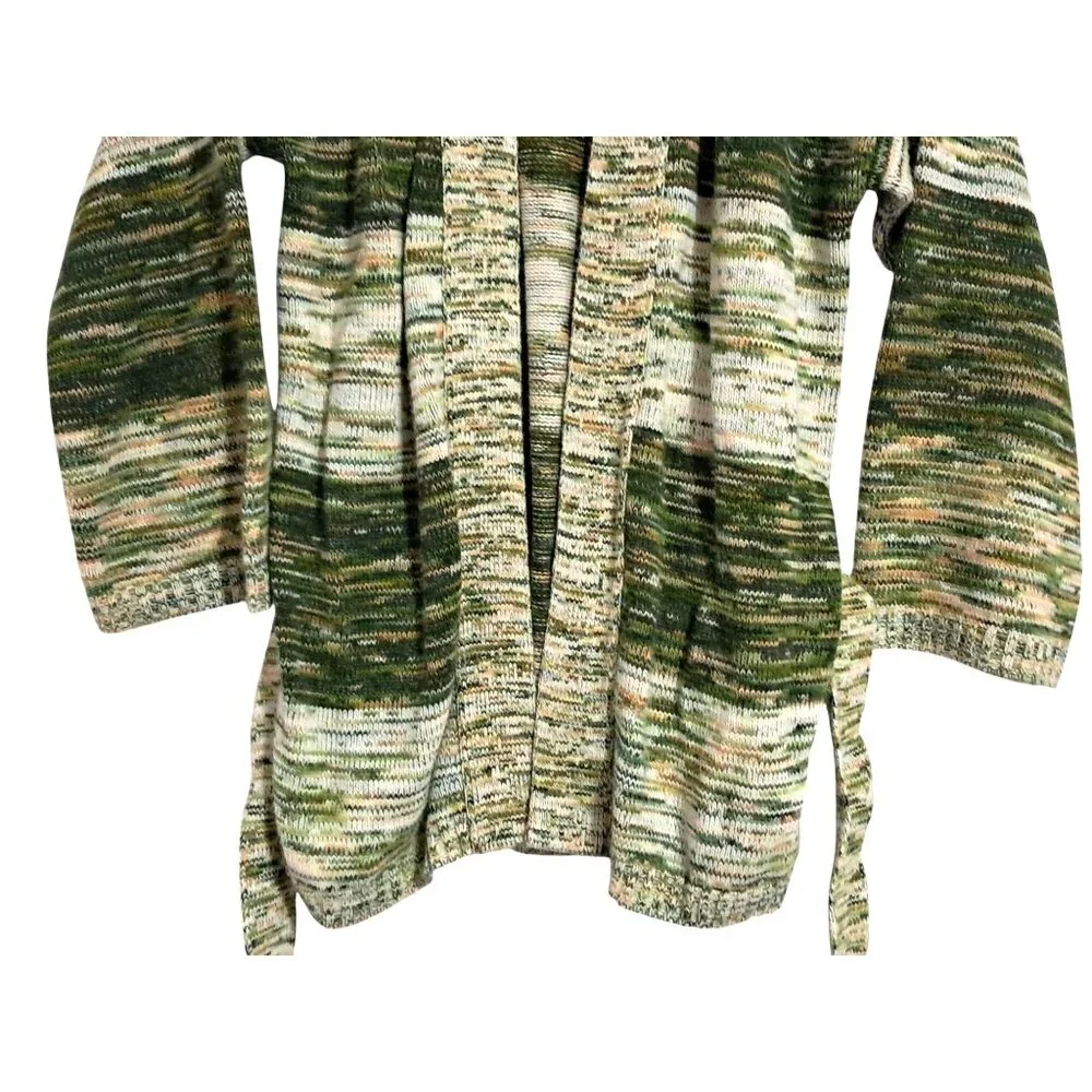 Vintage 70s Pandora Green & Cream Knit Open Front Cardigan Sweater With Belt - Picture 6 of 8